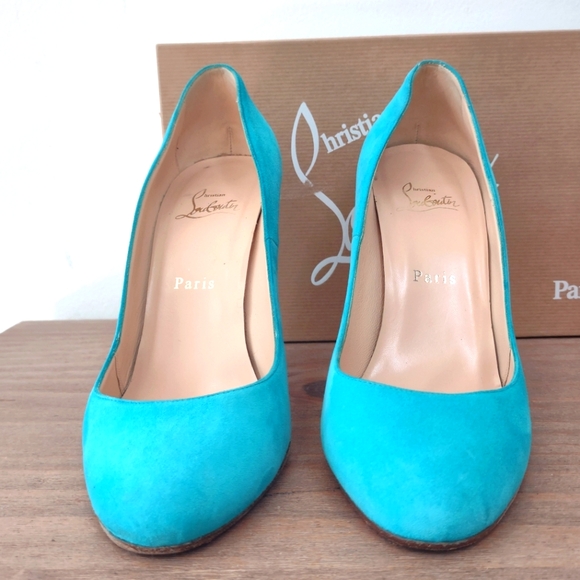 Christian Louboutin Riviera turquoise Ron Ron 100 suede red bottom heels 40/ 9 - Picture 6 of 12
